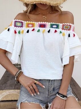 White Off-Shoulder Crochet Trim Crop Top with Colorful Tassels